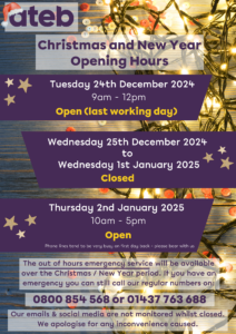 ateb Christmas Opening Times 2024 Poster